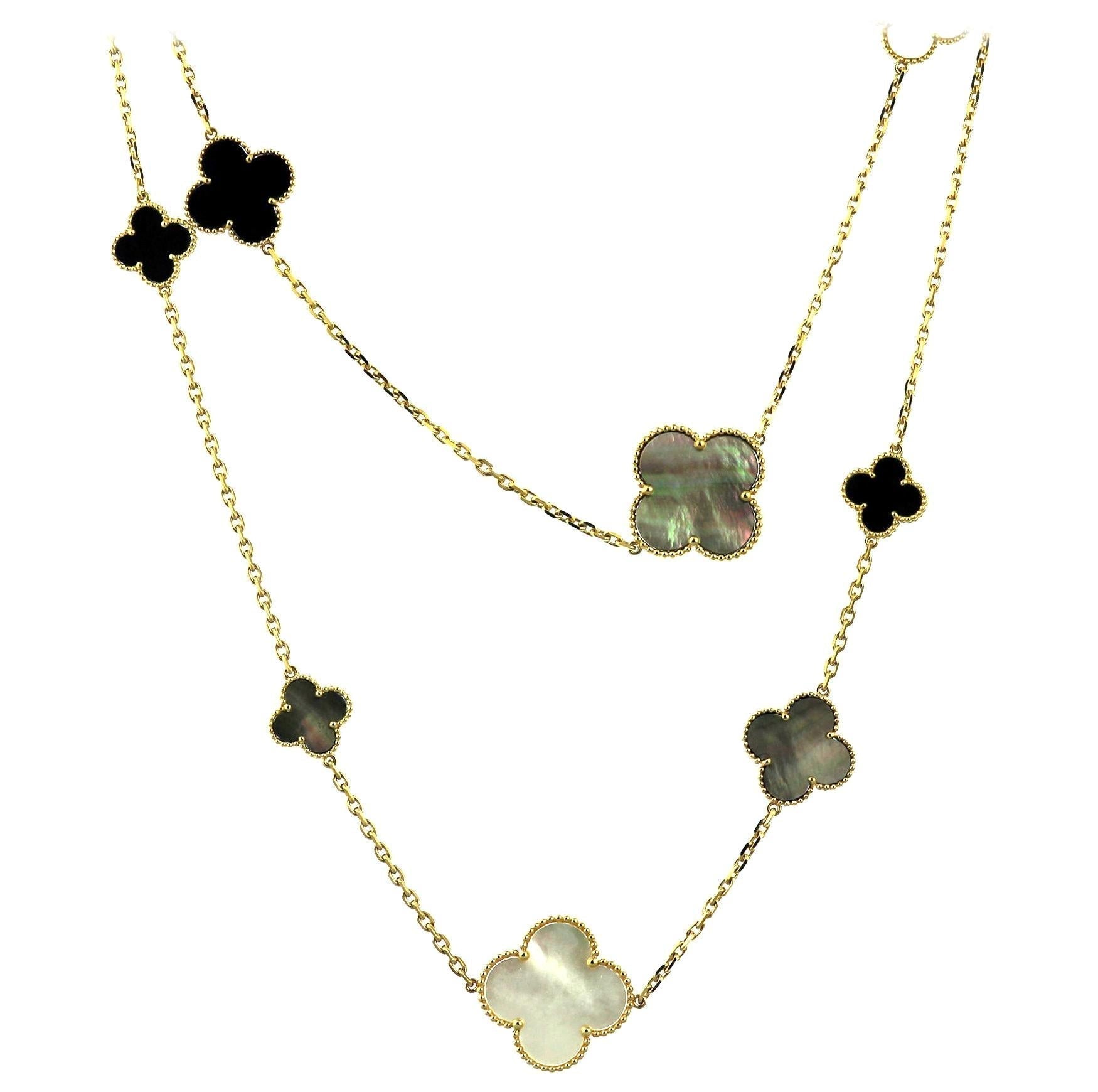 Van Cleef & Arpels CLOVER ONYX MOP 16 MOTIF GOLD 130CM NECKLACE