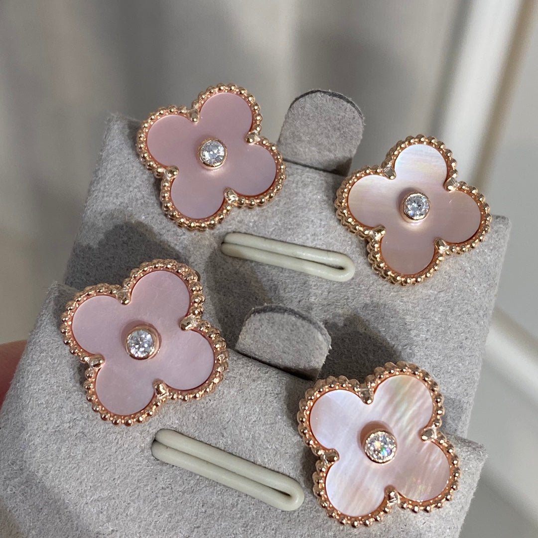Van Cleef & Arpels CLOVER MOP PINK GOLD DIAMOND EARRINGS