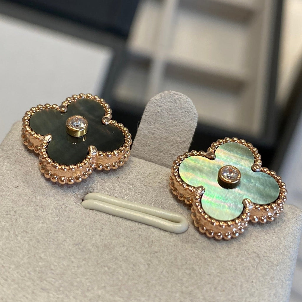 Van Cleef & Arpels CLOVER BLACK MOP PINK GOLD DIAMOND EARRINGS