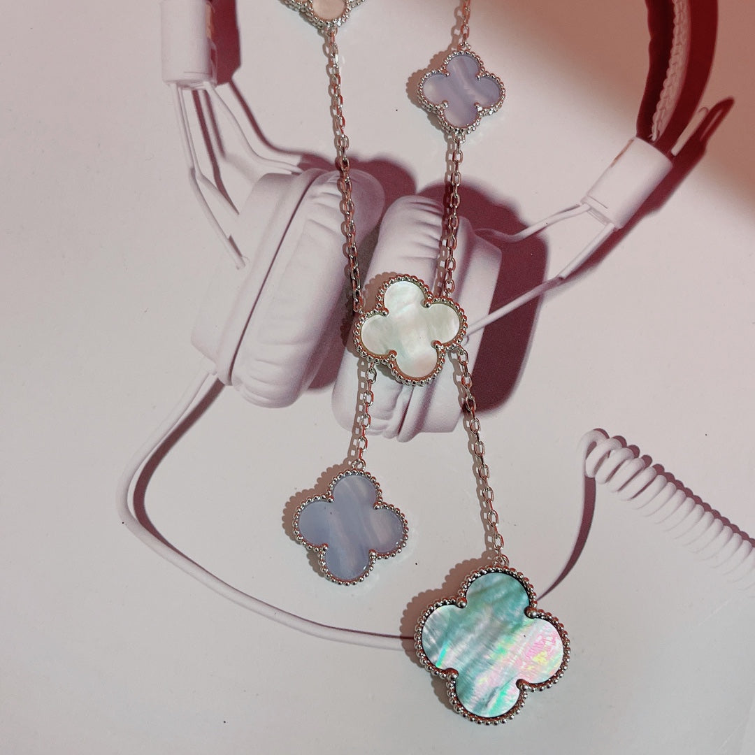 Van Cleef & Arpels CLOVER MOP CHALCEDONY NECKLACE SILVER 6 MOTIF