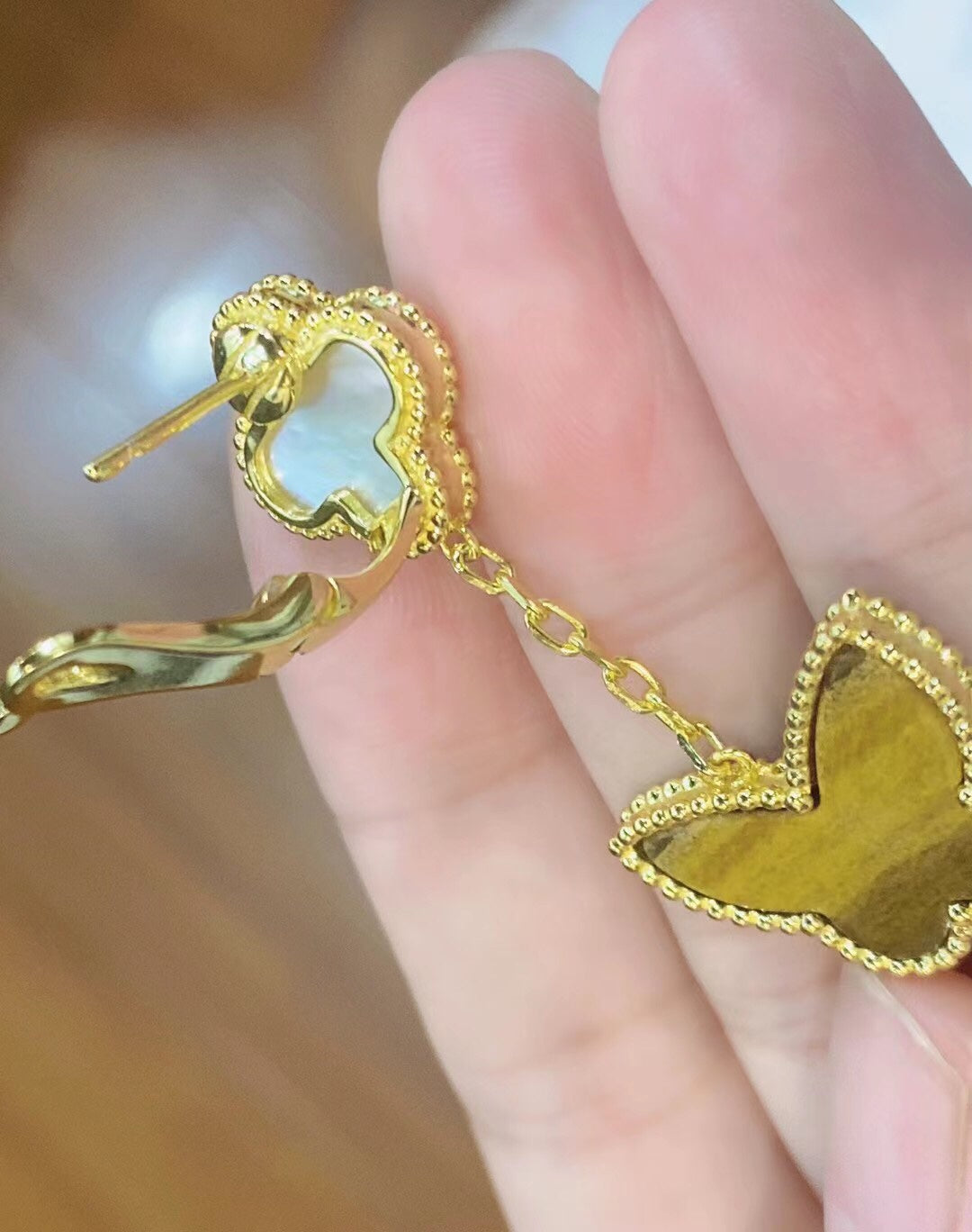 Van Cleef & Arpels LUCKY BUTTERFLY MOP TIGER EYE EARRINGS