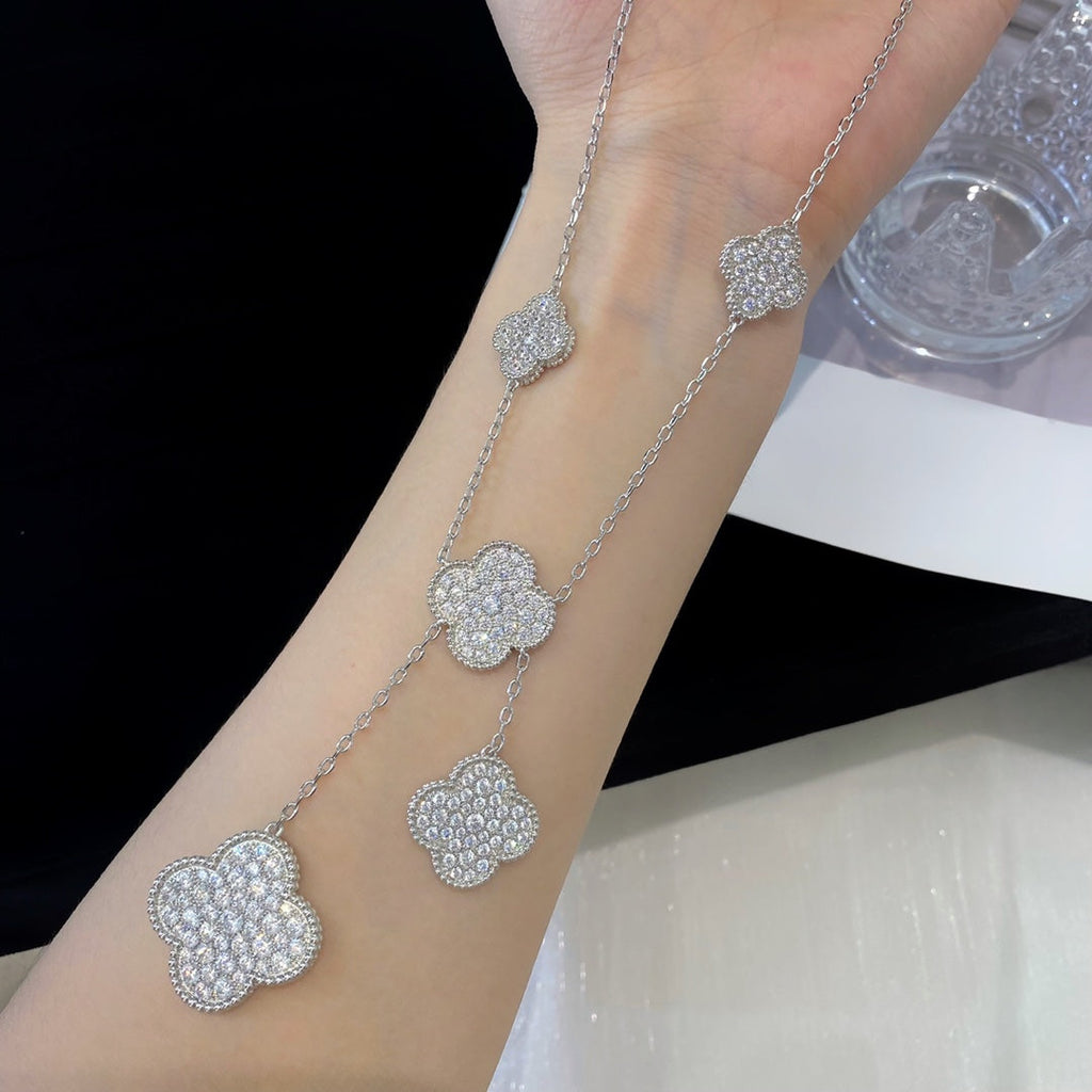 Van Cleef & Arpels CLOVER 5 MOTIFS SILVER DIAMONDS NECKLACE