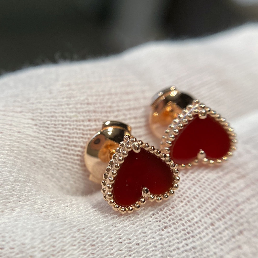 Van Cleef & Arpels HEART CARNELIAN PINK GOLD STUD EARRINGS