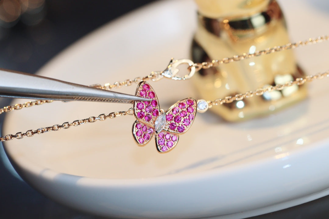 Van Cleef & Arpels BUTTERFLY RED DIAMOND PINK GOLD NECKLACE