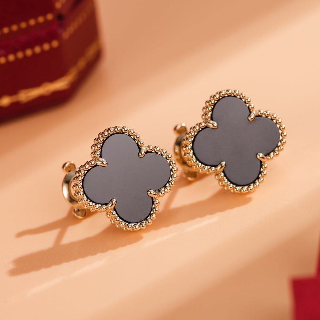 Van Cleef & Arpels CLOVER MEDIUM ONYX PINK GODL EARRINGS