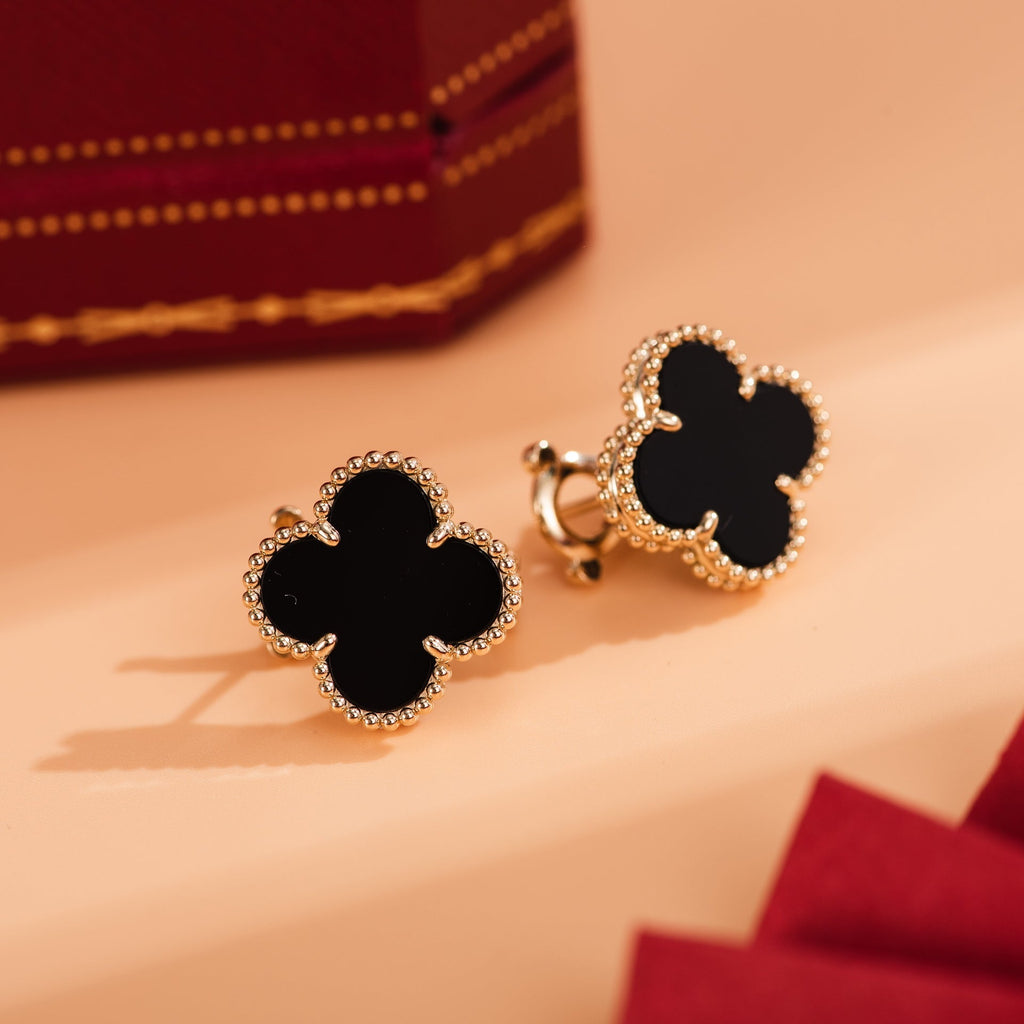 Van Cleef & Arpels CLOVER MEDIUM ONYX PINK GODL EARRINGS