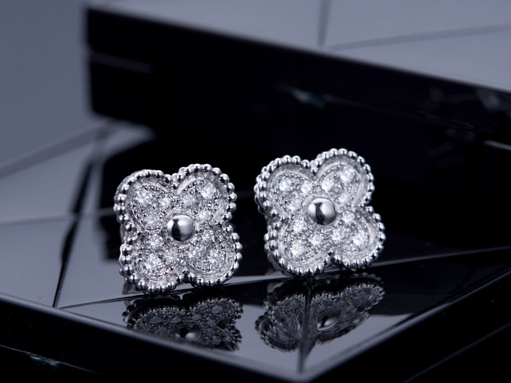 Van Cleef & Arpels CLOVER SILVER DIAMOND STUD EARRINGS