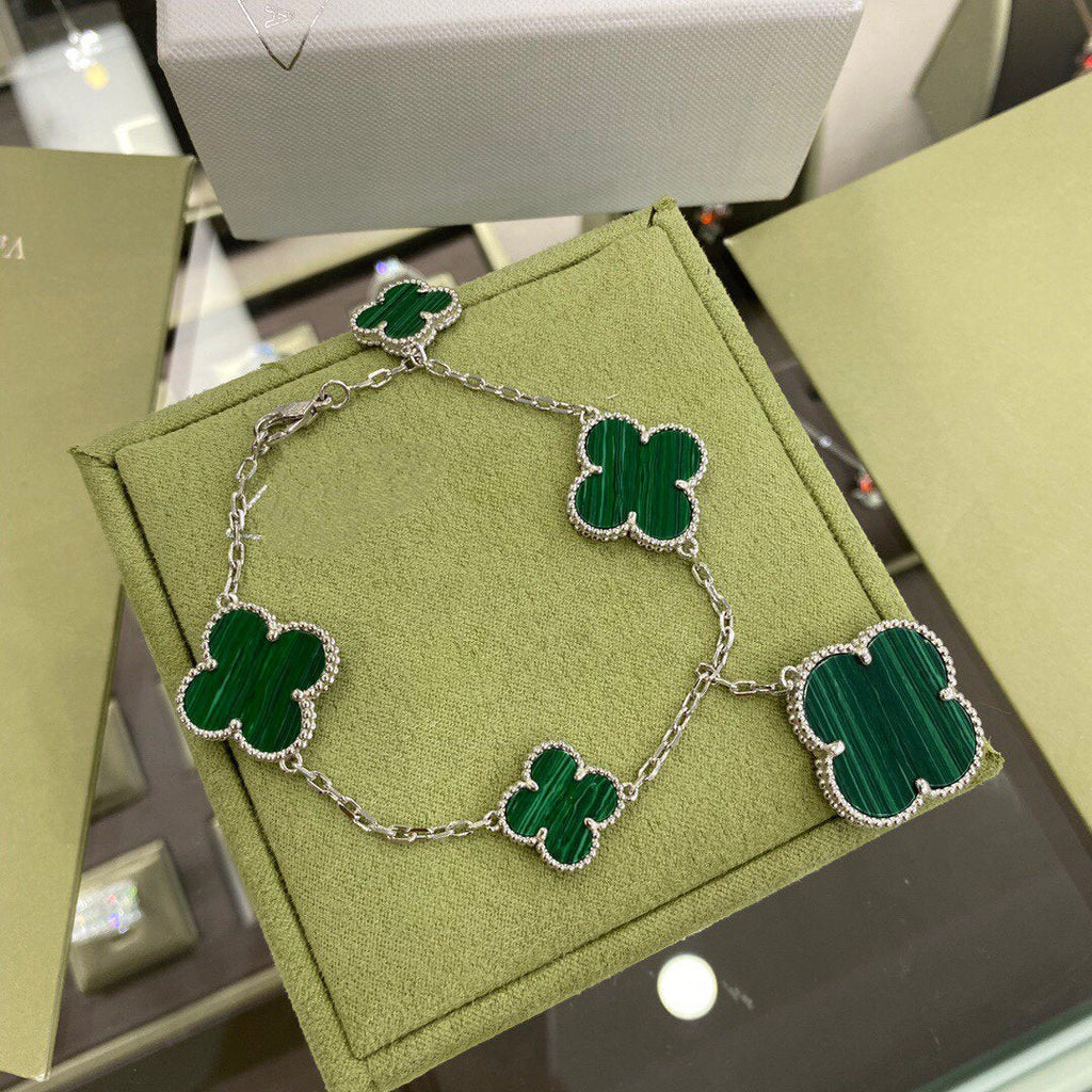 Van Cleef & Arpels CLOVER 5 MOTIFS SIVLER MALACHITE BRACELET