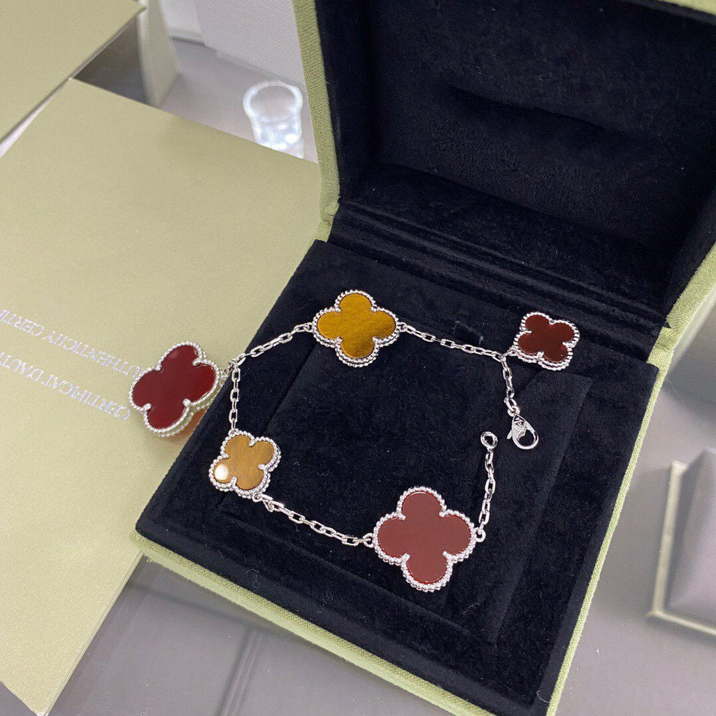 Van Cleef & Arpels CLOVER 5 MOTIFS SIVLER CARNELIAN TIGER EYE BRACELET