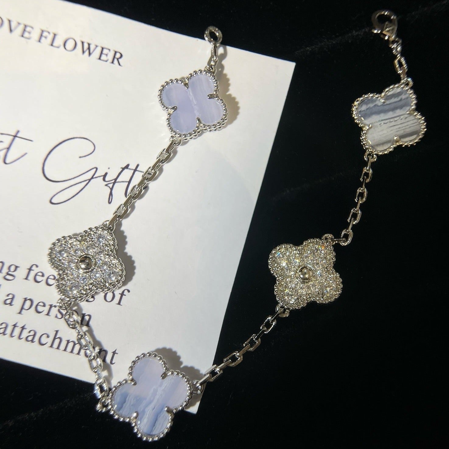 Van Cleef & Arpels CLOVER 5 MOTIFS SILVER CHALCEDONY DIAMOND BRACELET