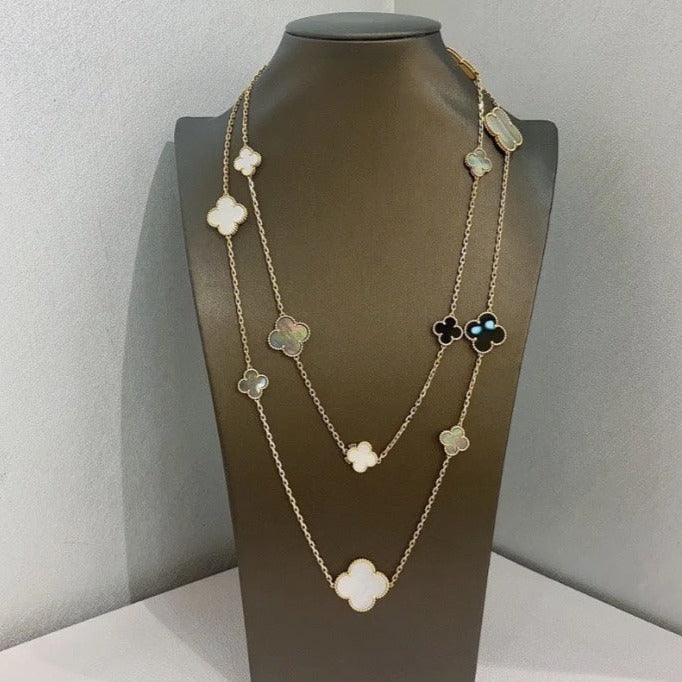 Van Cleef & Arpels CLOVER ONYX MOP 16 MOTIF GOLD 130CM NECKLACE