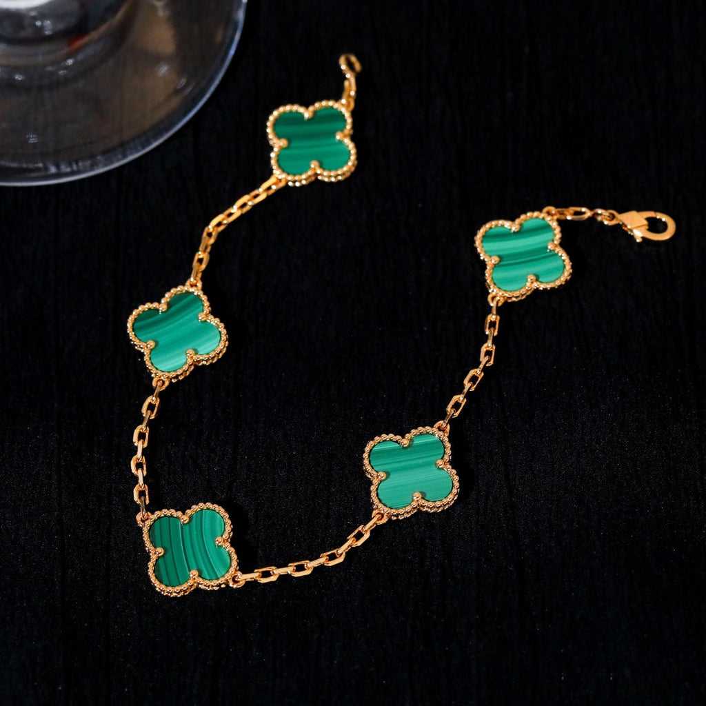 Van Cleef & Arpels CLOVER 5 MOTIF MALACHITE PINK GOLD BRACELET