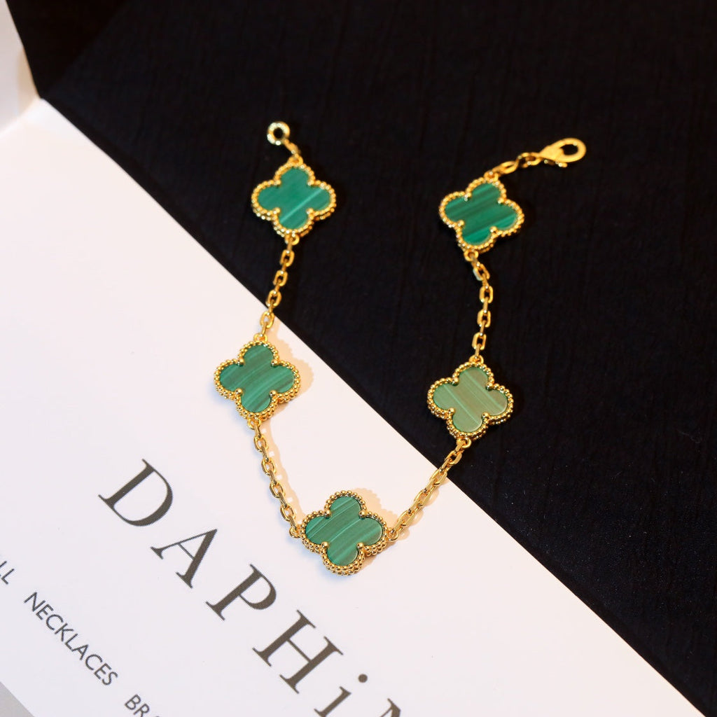 Van Cleef & Arpels CLOVER 5 MOTIF MALACHITE PINK GOLD BRACELET