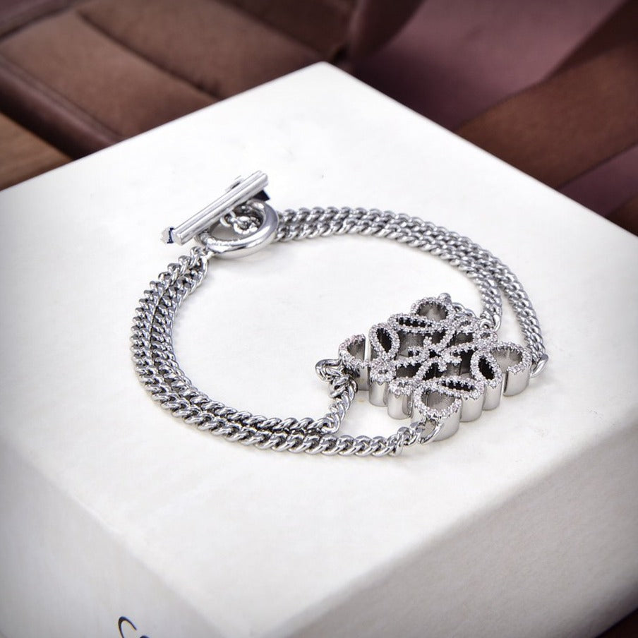 LOEWE PAVED ANAGRAM DOUBLE CHAIN SILVER BRACELET
