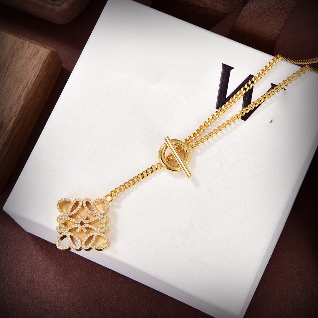 LOEWE PAVED ANAGRAM HOOP T-BAR GOLD NECKLACE