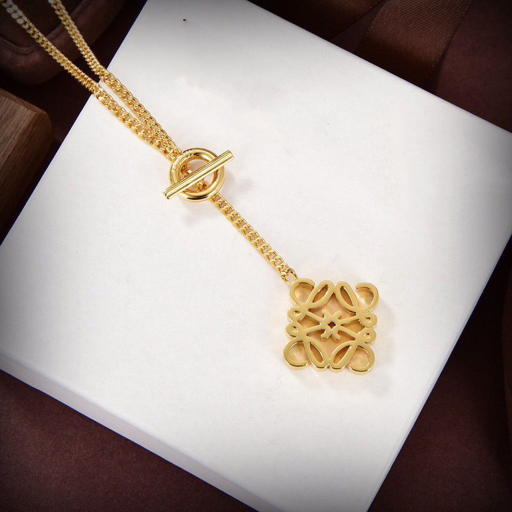 LOEWE PAVED ANAGRAM HOOP T-BAR GOLD NECKLACE