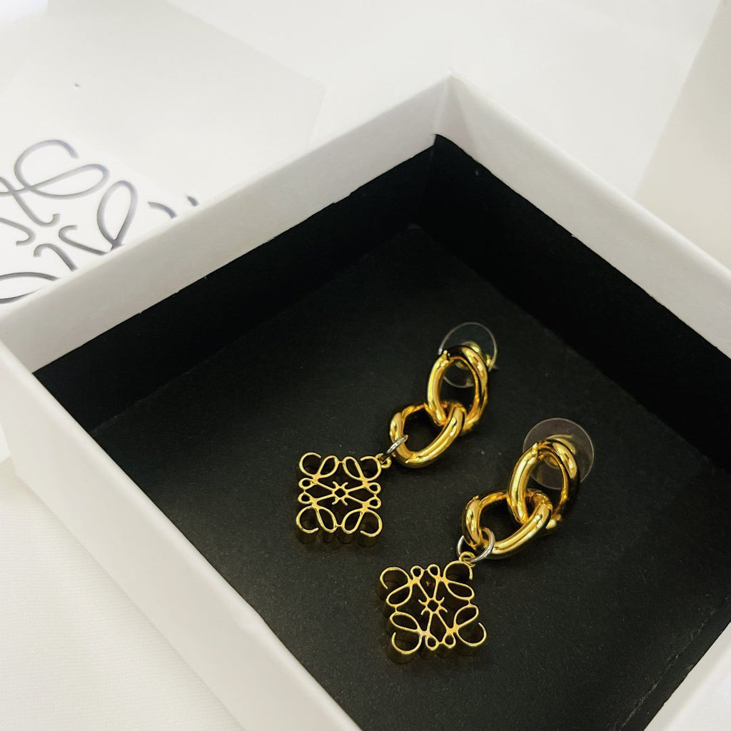 LOEWE ANAGRAM 3 MOTIF DROP GOLD EARRINGS