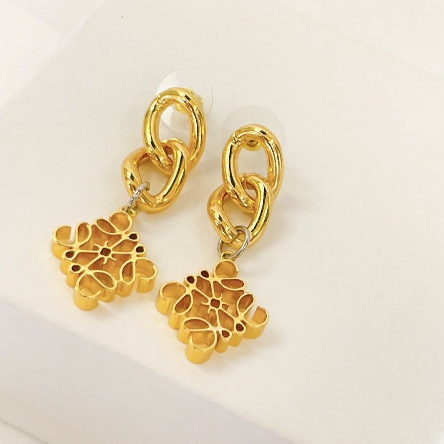 LOEWE ANAGRAM 3 MOTIF DROP GOLD EARRINGS