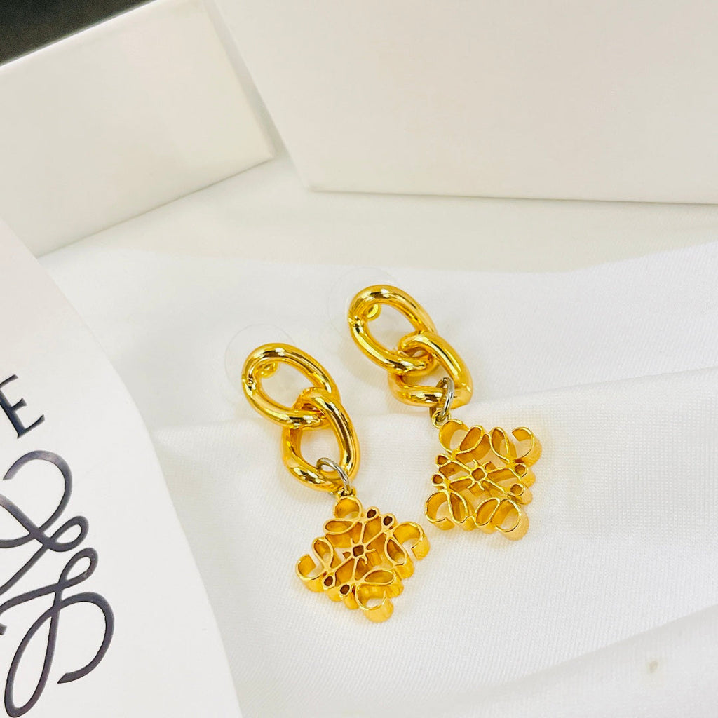 LOEWE ANAGRAM 3 MOTIF DROP GOLD EARRINGS
