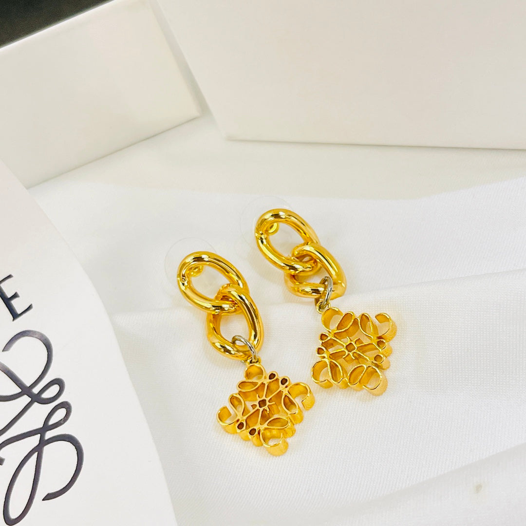 LOEWE ANAGRAM 3 MOTIF DROP GOLD EARRINGS
