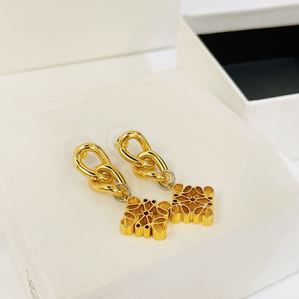 LOEWE ANAGRAM 3 MOTIF DROP GOLD EARRINGS