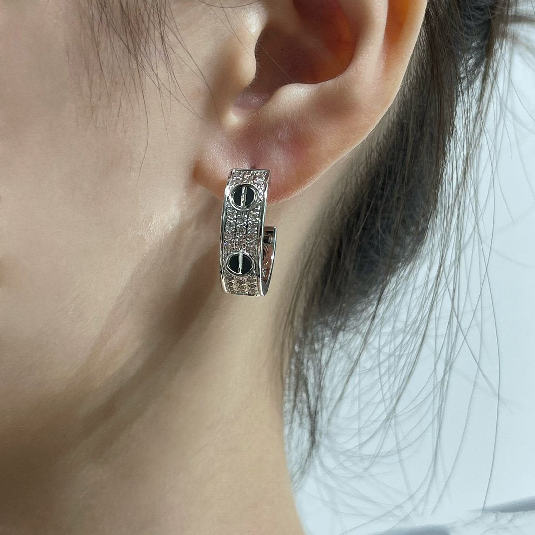CARTIER LOVE CERAMIC DIAMOND PAVED SILVER EARRINGS