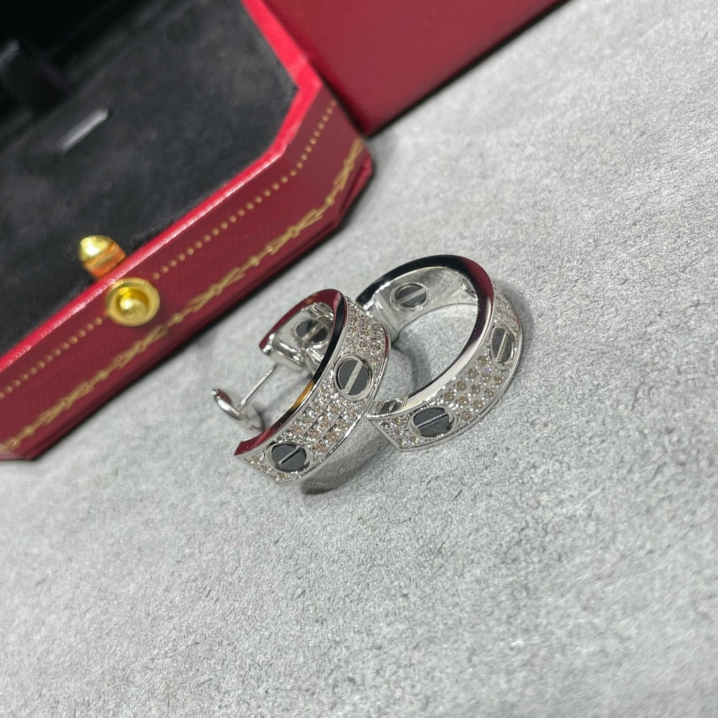 CARTIER LOVE CERAMIC DIAMOND PAVED SILVER EARRINGS