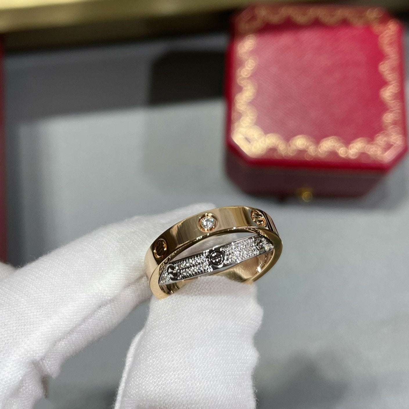 CARTIER LOVE PINK GOLD SILVER DIAMOND DOUBLE RING