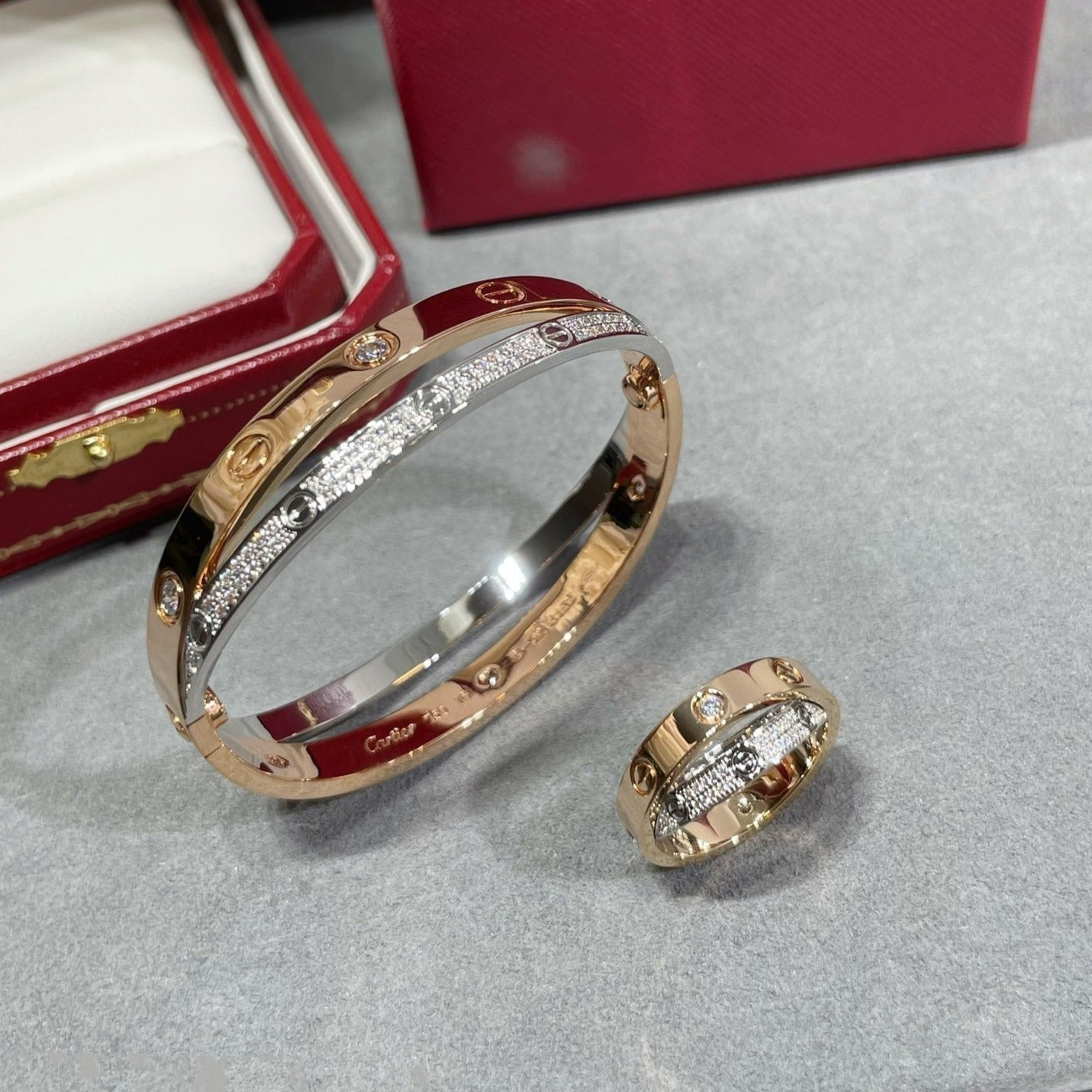 CARTIER LOVE PINK GOLD SILVER DIAMOND DOUBLE RING