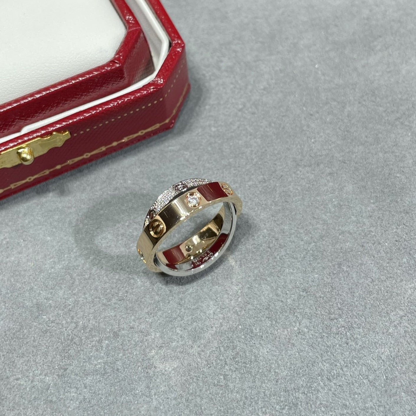 CARTIER LOVE PINK GOLD SILVER DIAMOND DOUBLE RING