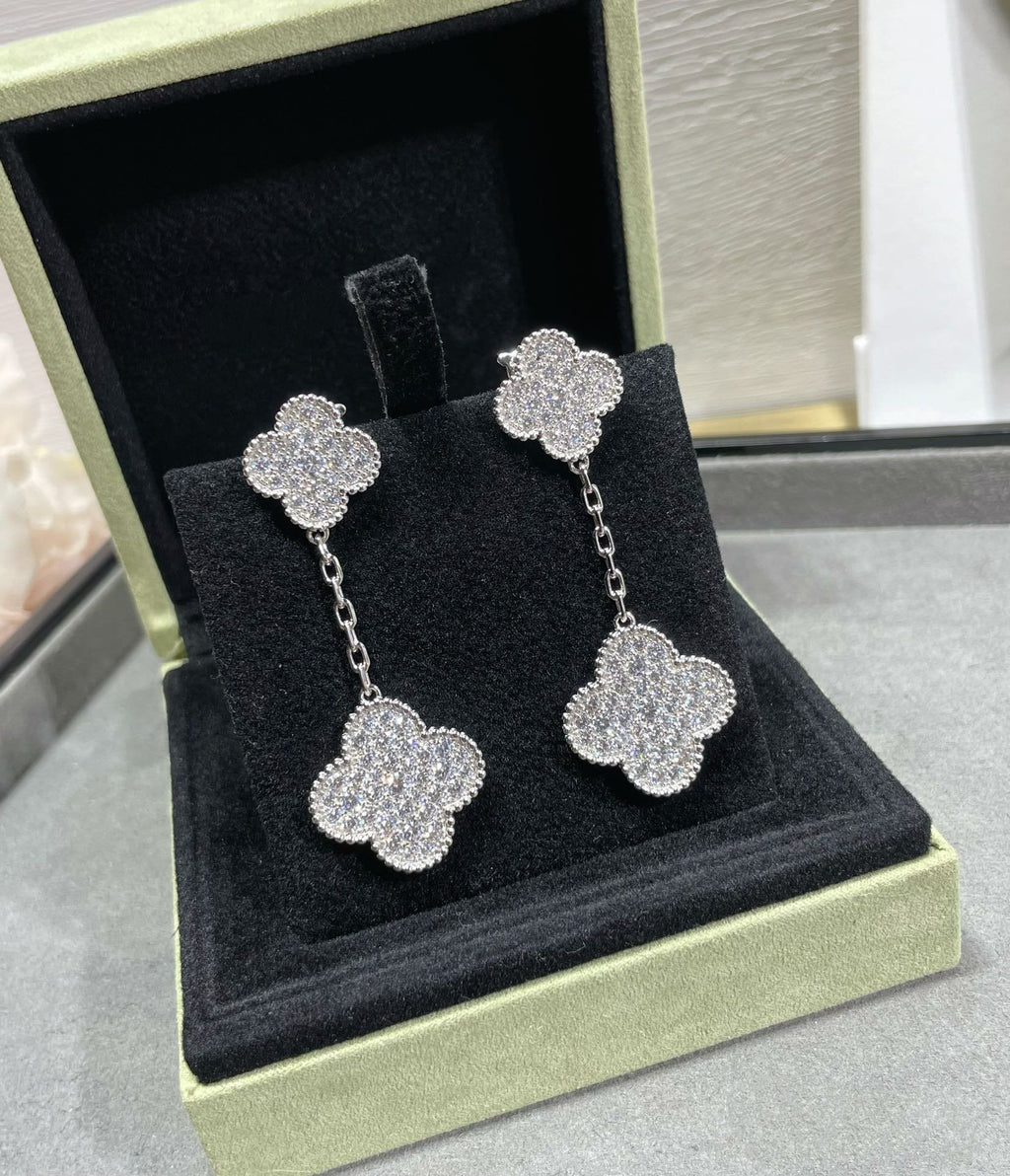 Van Cleef & Arpels CLOVER 2 MOTIFS DIAMOND PAVED SILVER EARRINGS