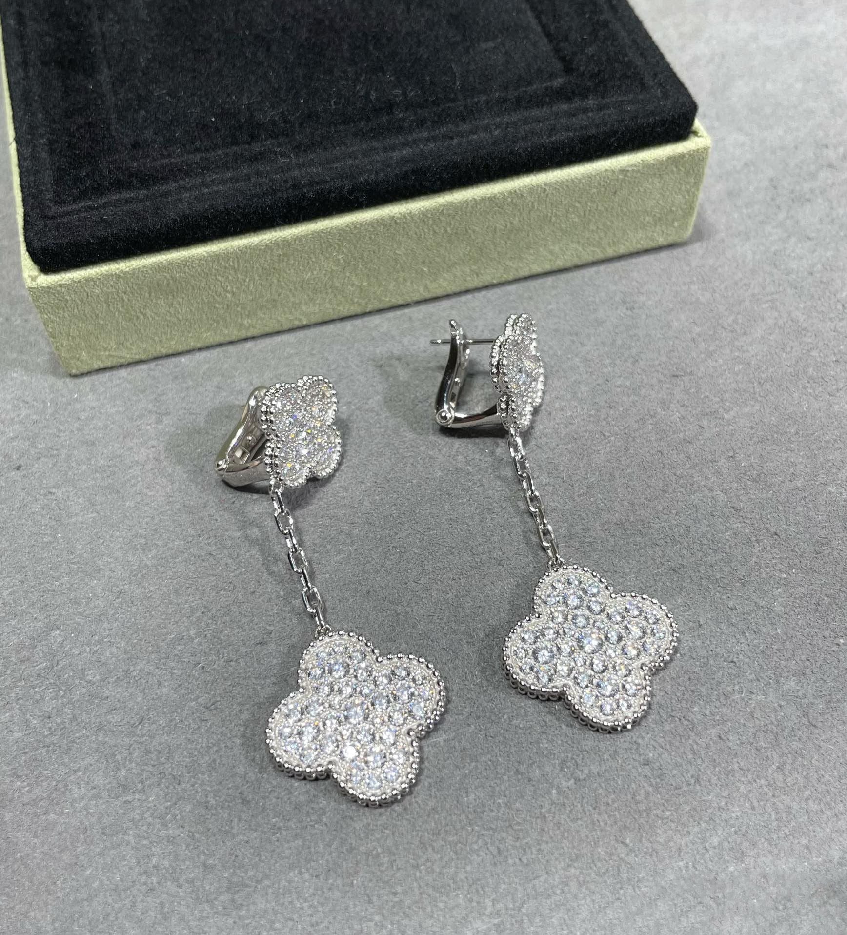 Van Cleef & Arpels CLOVER 2 MOTIFS DIAMOND PAVED SILVER EARRINGS