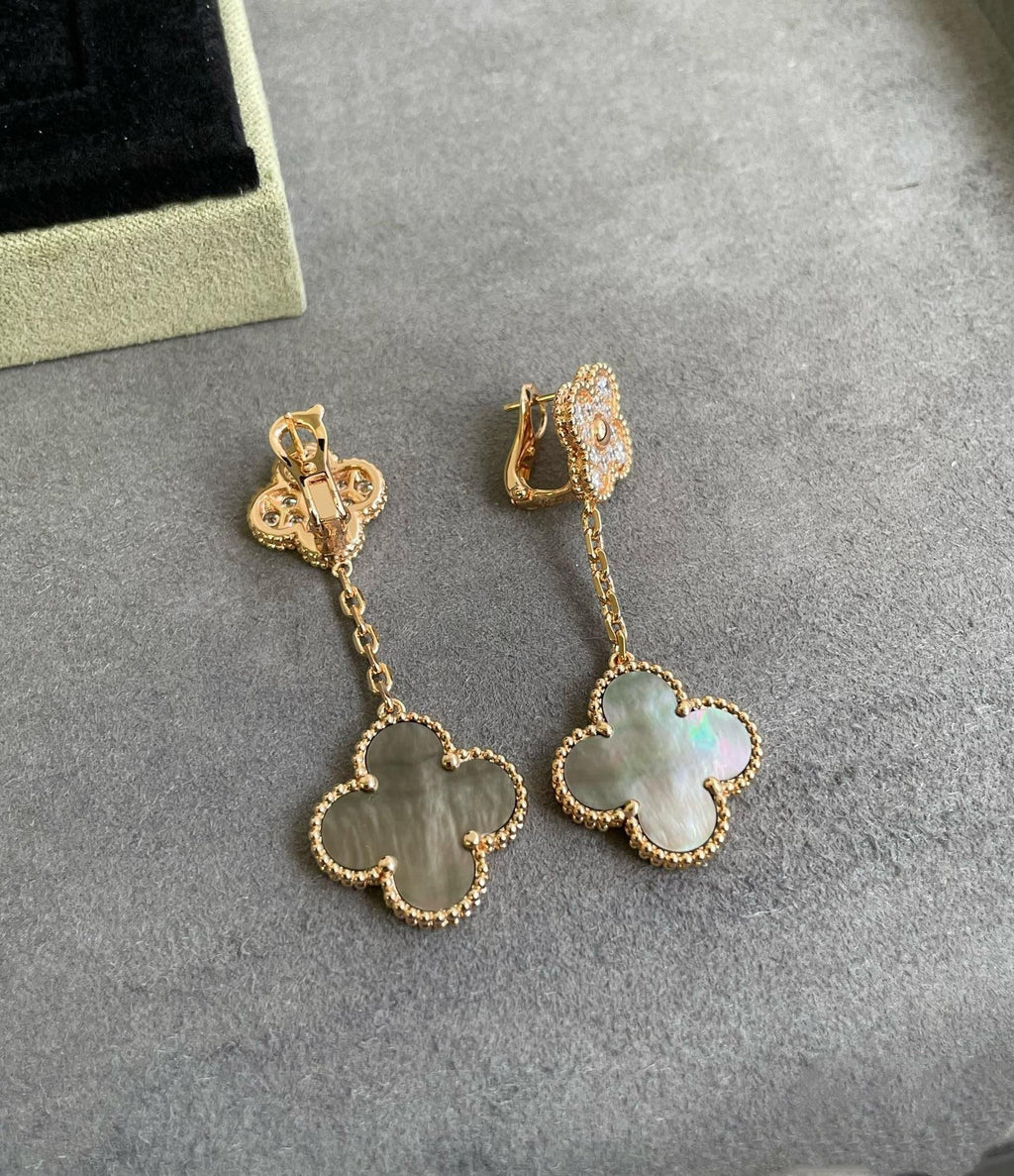 Van Cleef & Arpels CLOVER 2 MOTIF DIAMOND DARK MOP EARRINGS