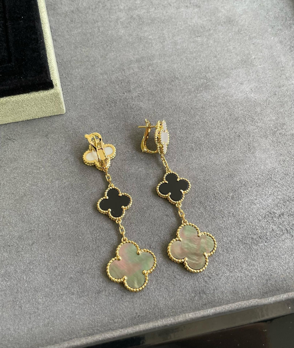 Van Cleef & Arpels CLOVER 3 MOTIF MOP ONYX DARK MOP PINK GOLD EARRINGS
