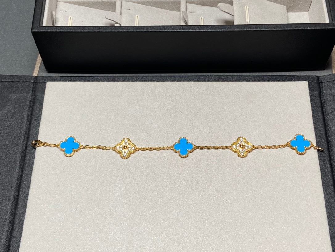 Van Cleef & Arpels CLOVER 5 MOTIF TURQUOISE DIAMOND GOLD BRACELET
