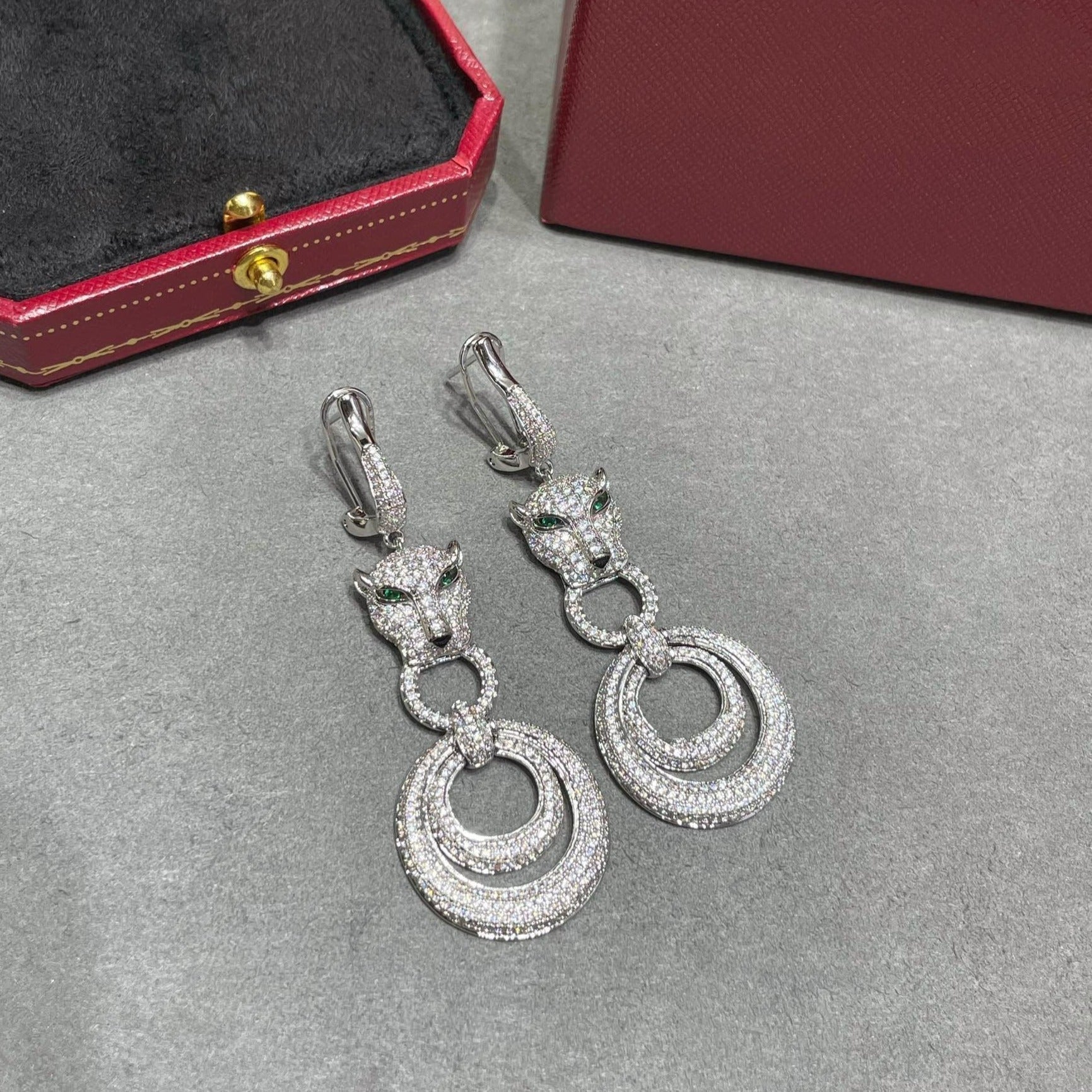 CARTIER PANTHERE DE CARTI SILVER DIAMOND DROP EARRINGS
