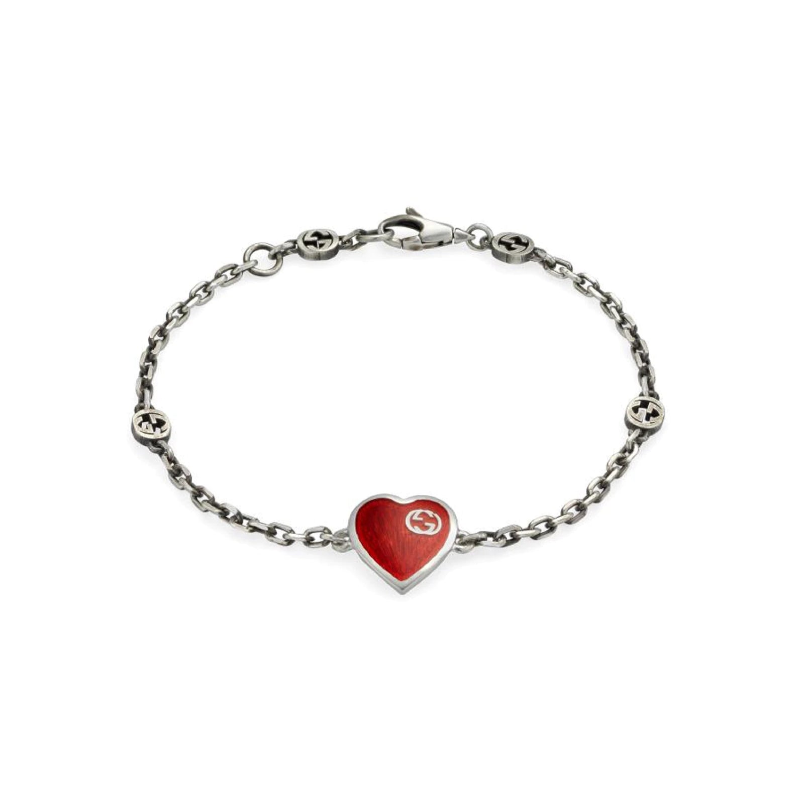 GUCCI HEART AGED FINISH STERLING SILVER RED ENAMEL BRACELET