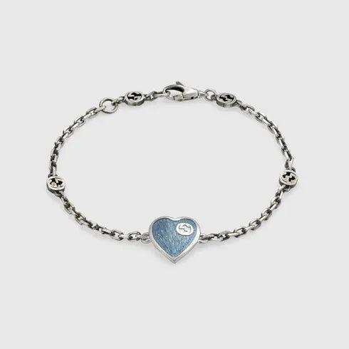 GUCCI HEART AGED FINISH STERLING SILVER BLUE ENAMEL BRACELET