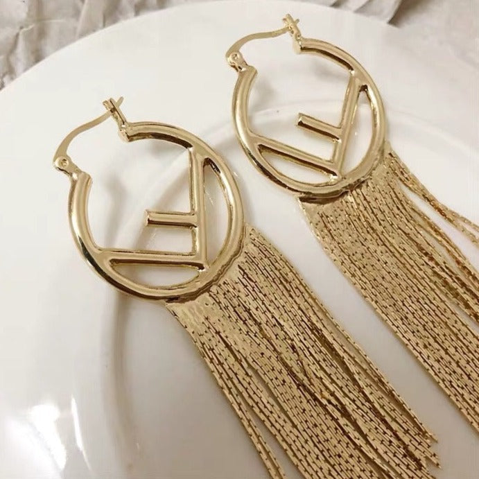 FENDI F LOGO TASSELS GOLD EARRINGS