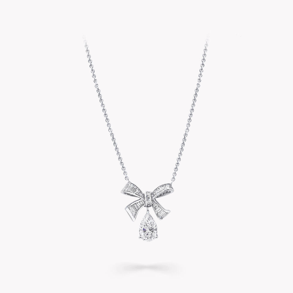 FENDI TILDA BOW BAGUETTE CUT SILVER DIAMOND DROP NECKLACE