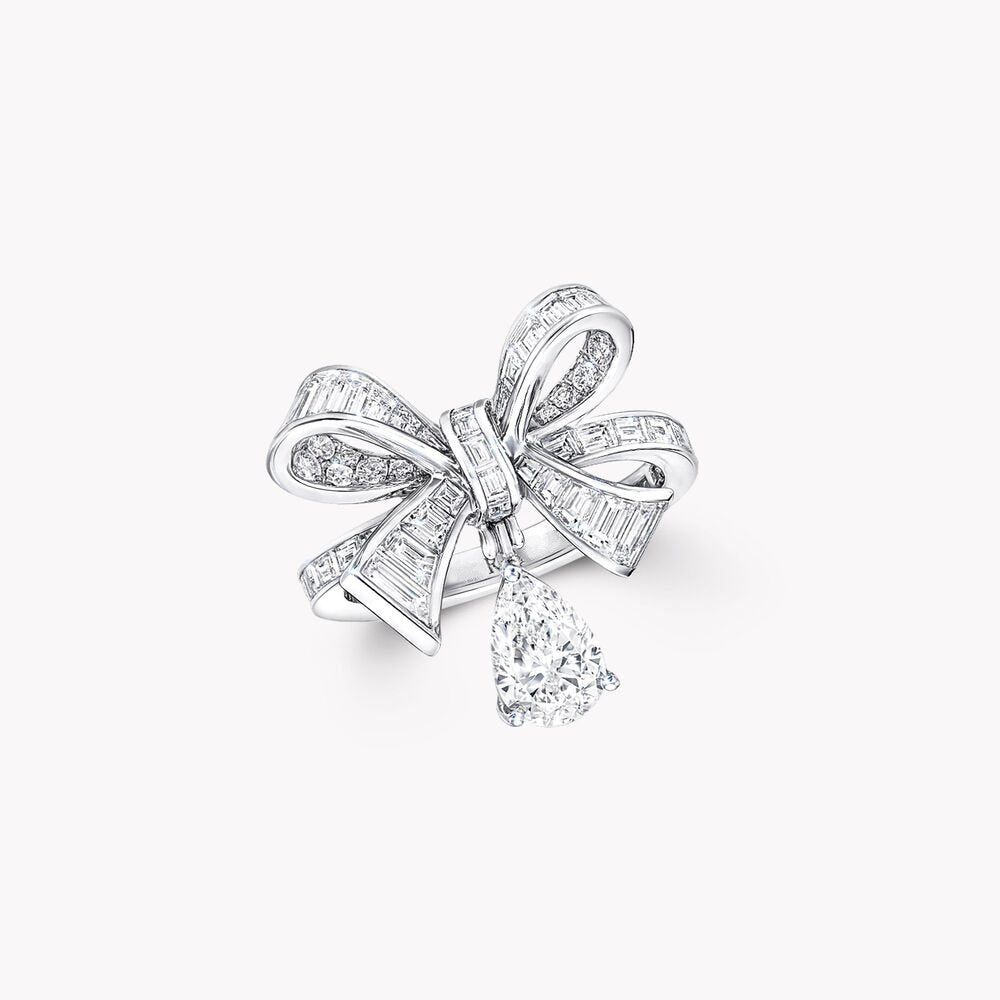 FENDI TILDAS BOW BAGUETTE CUT SILVER DIAMOND DROP RING