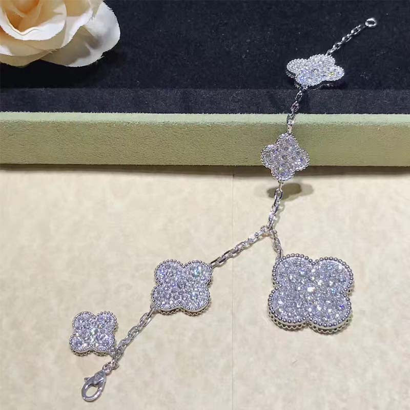 Van Cleef & Arpels CLOVER 5 MOTIFS BIG SILVER DIAMOND BRACELET