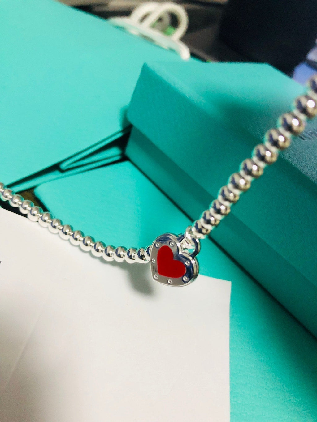 TIFFANY LOVE RED HEART TAG BEAD BRACELET