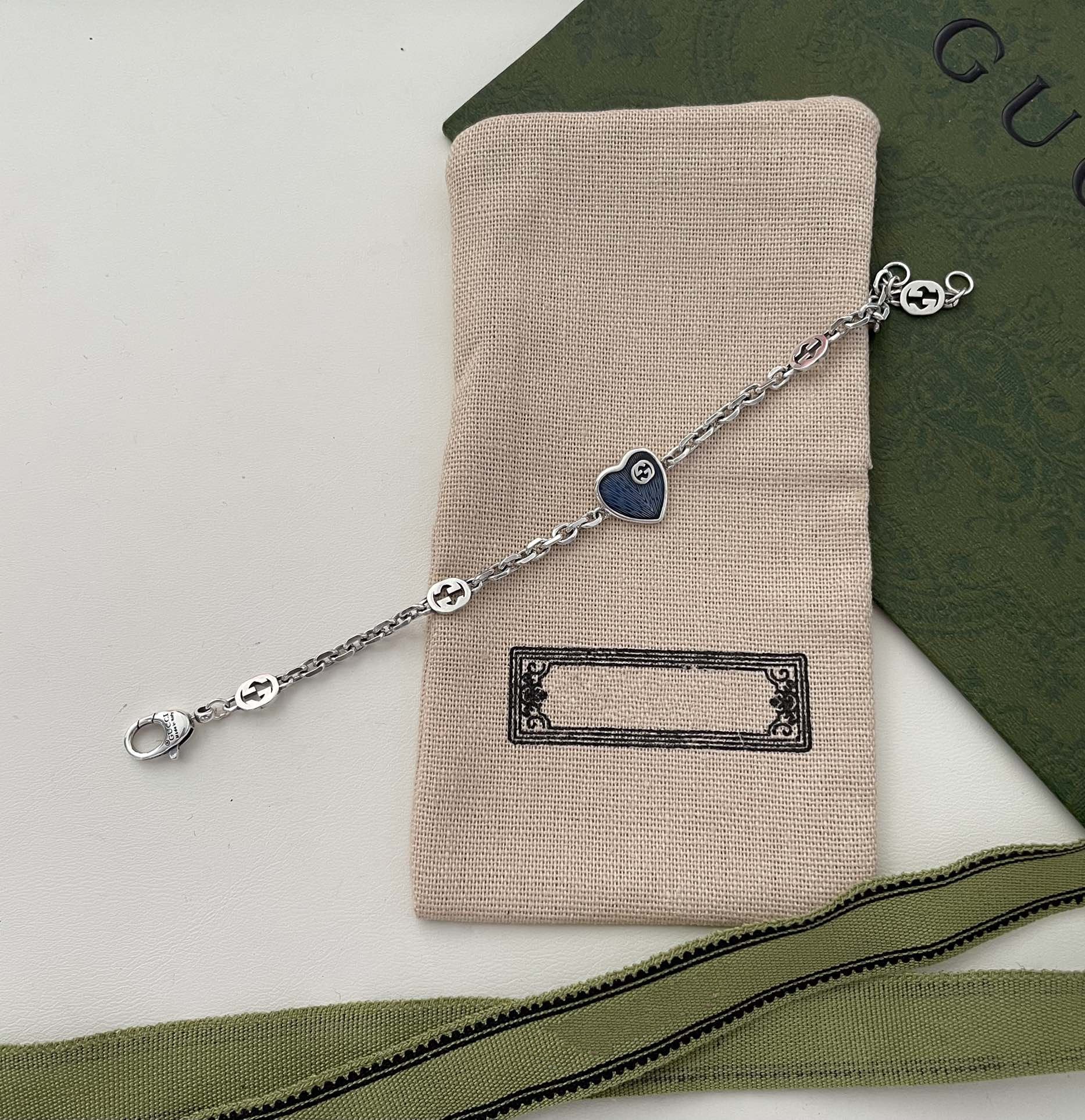 GUCCI HEART AGED FINISH STERLING SILVER BLUE ENAMEL BRACELET