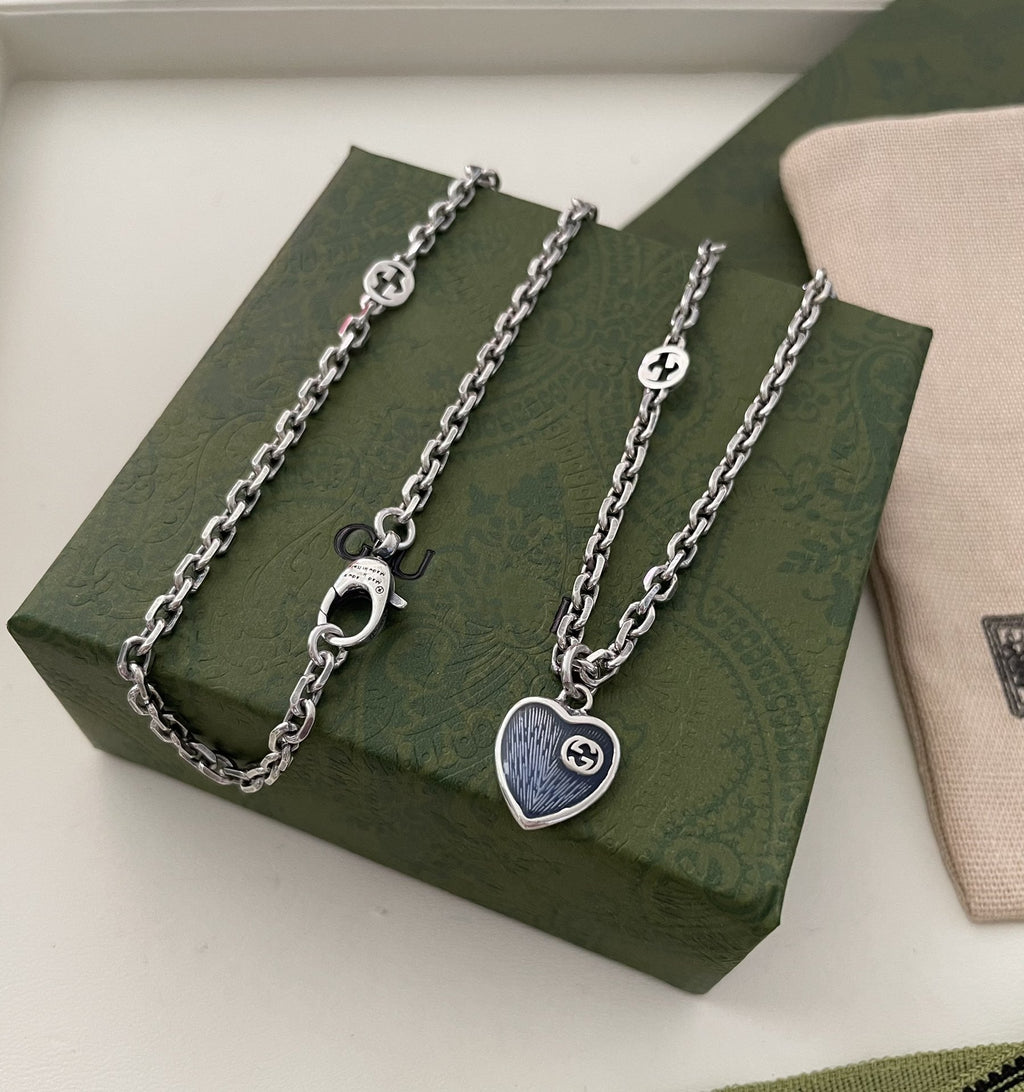 GUCCI HEARTS STERLING SILVER BLUE ENAMEL PENDANT NECKLACE