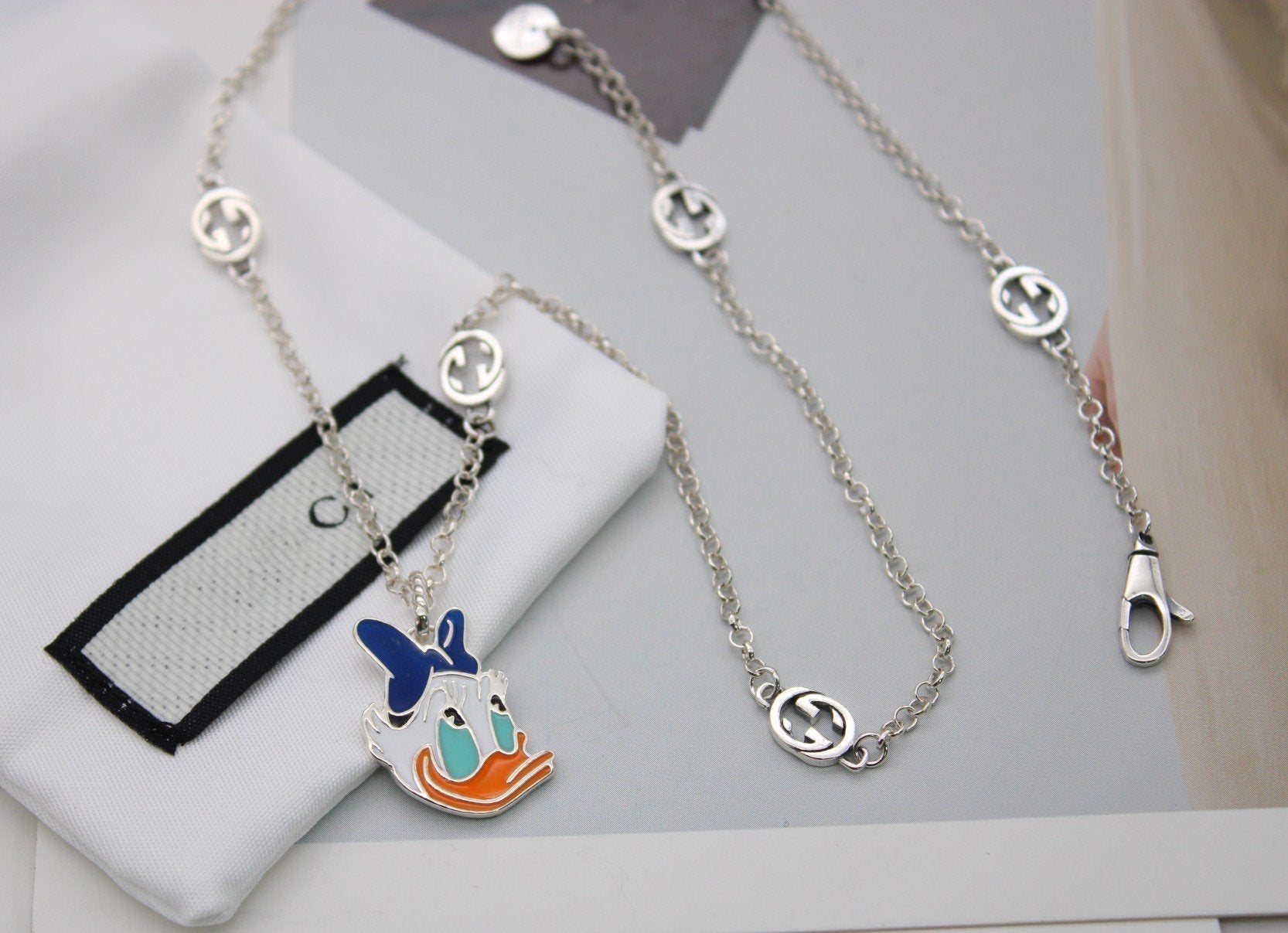 GUCCI DONALD DUCK DOUBLE G STERLING SILVER NECKLACE
