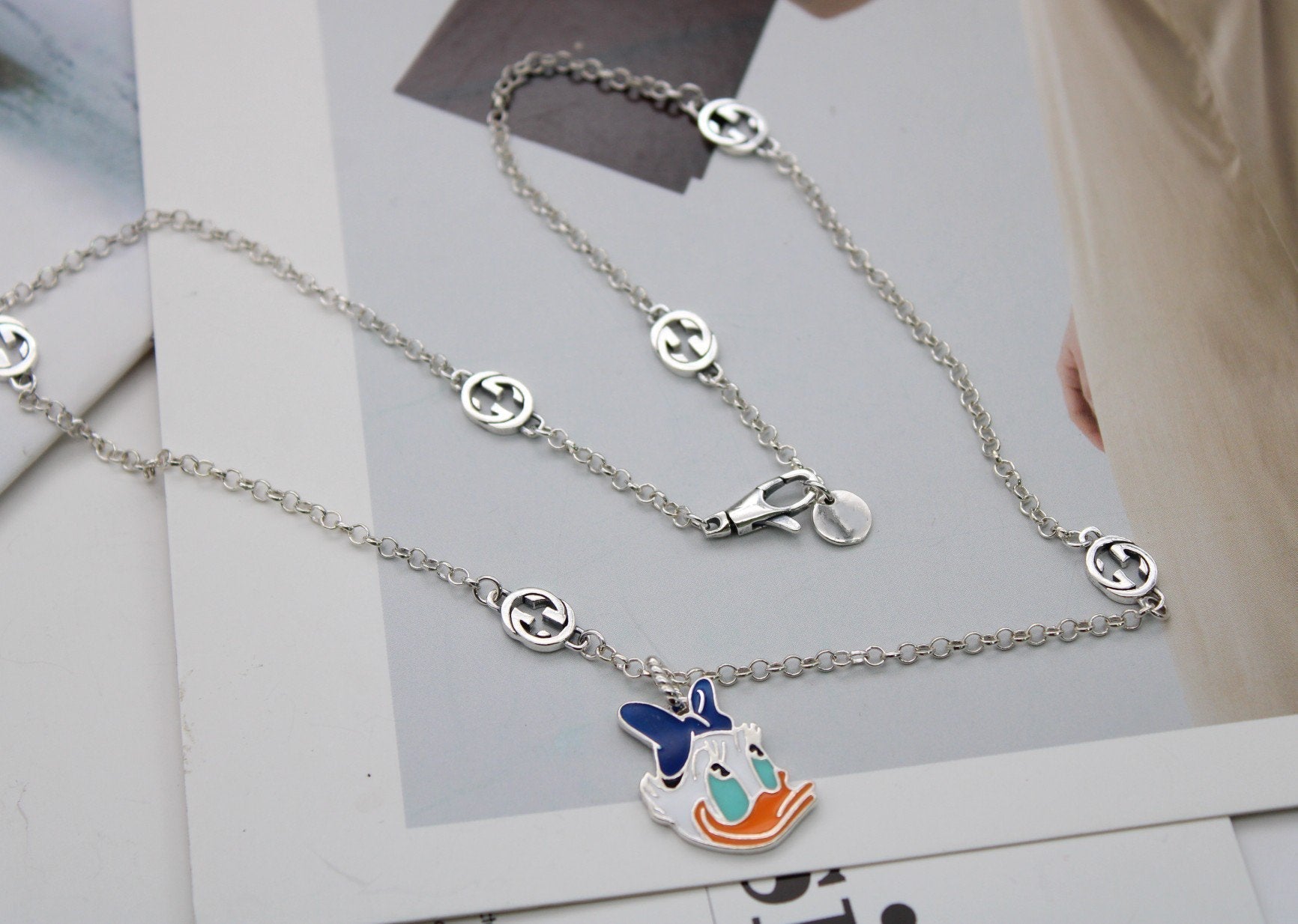 GUCCI DONALD DUCK DOUBLE G STERLING SILVER NECKLACE