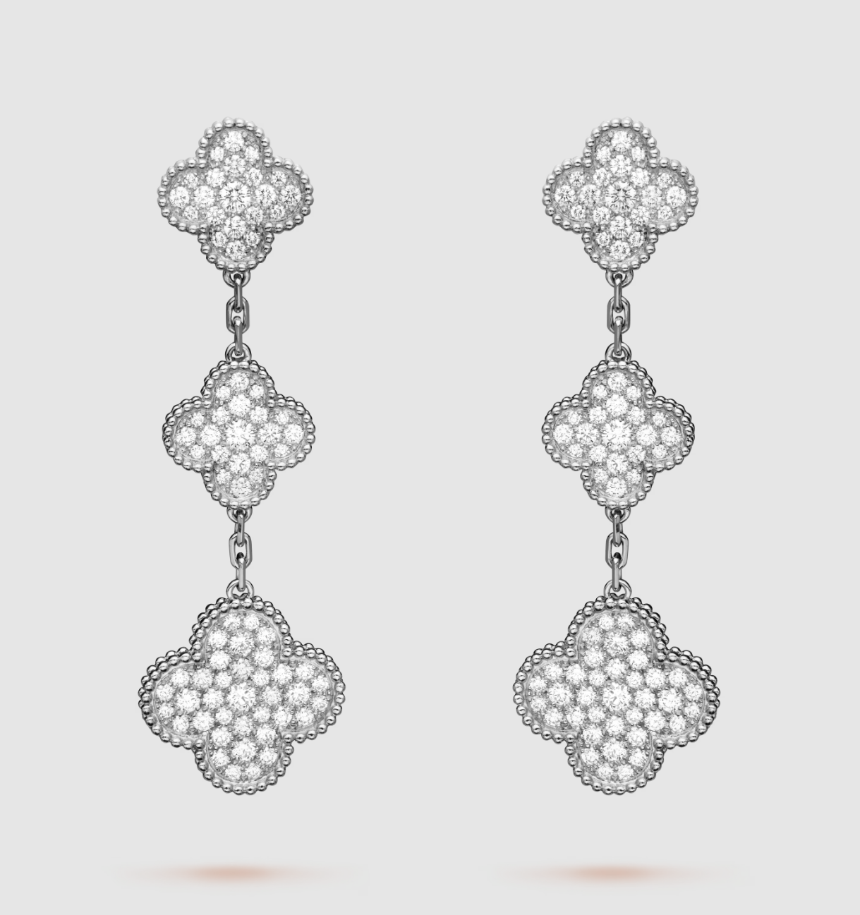 Van Cleef & Arpels CLOVER 3 MOTIF DIAMOND SILVER DROP EARRINGS