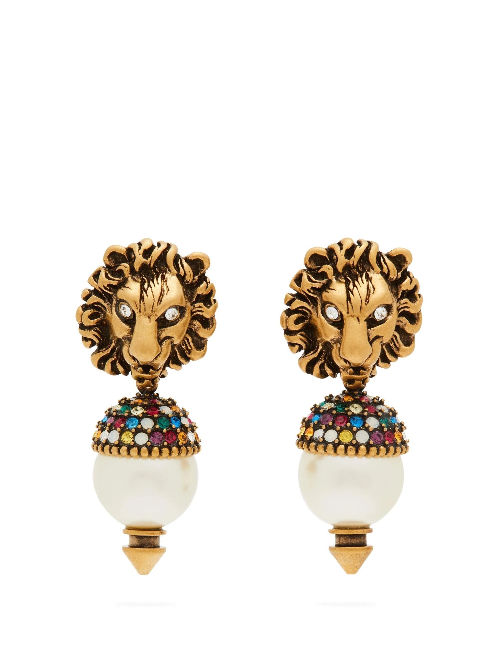 GUCCI LION HEAD PEARL COLORED DIAMOND EARRINGS