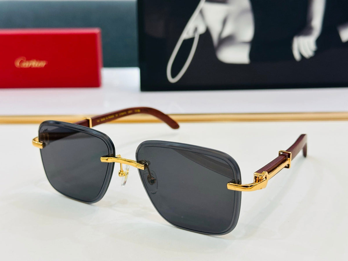 CARTIER RIMLESS RECTANGULAR FRAME SUNGLASSES CT0607S IN METAL AND WOODEN